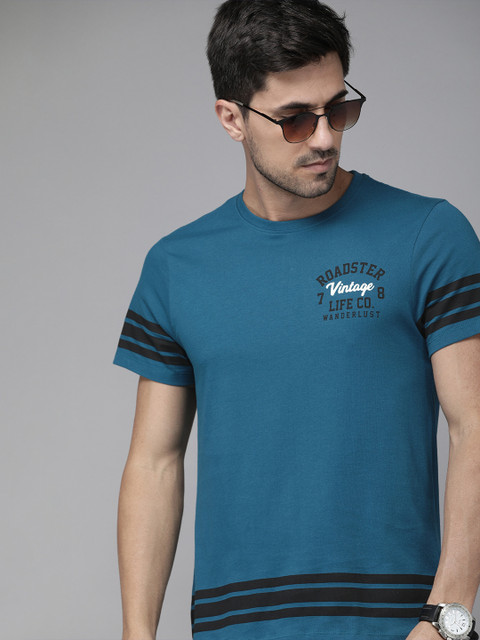 

Roadster Men Teal Printed Round Neck Pure Cotton T-shirt