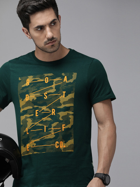 

Roadster Men Green Mustard Yellow Pure Cotton Camouflage Print Round Neck Pure Cotton T-shirt