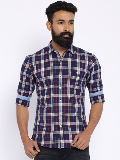

UCLA Men Navy Blue & Beige Checked Regular Fit Casual Shirt