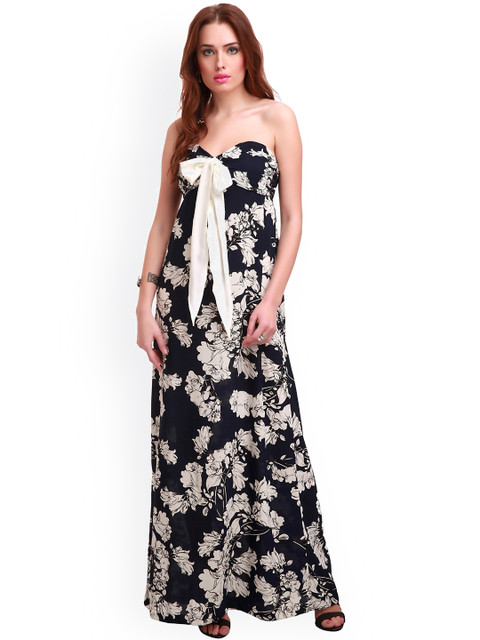 

SASSAFRAS Navy Floral Print Tube Maxi Dress, Navy blue