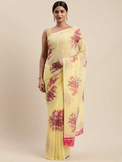 

Nanda Silk Mills Yellow Pure Chiffon Floral Printed Mysore Silk Saree