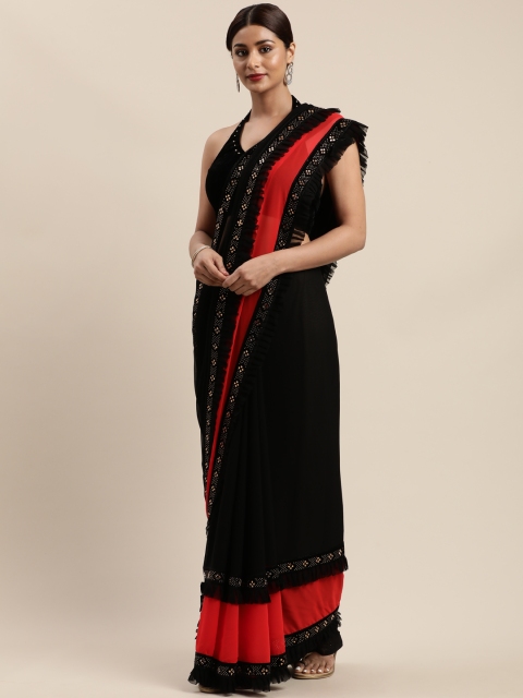 

Nanda Silk Mills Black & Coral Red Pure Georgette Colourblocked Mysore Silk Saree
