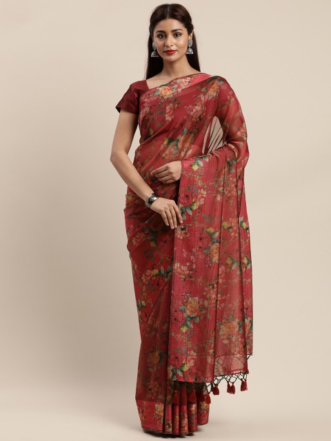 

Nanda Silk Mills Red & Green Organza Floral Printed Saree