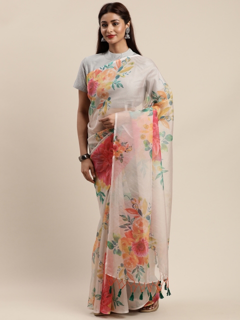 

Nanda Silk Mills Beige & Yellow Organza Floral Printed Saree