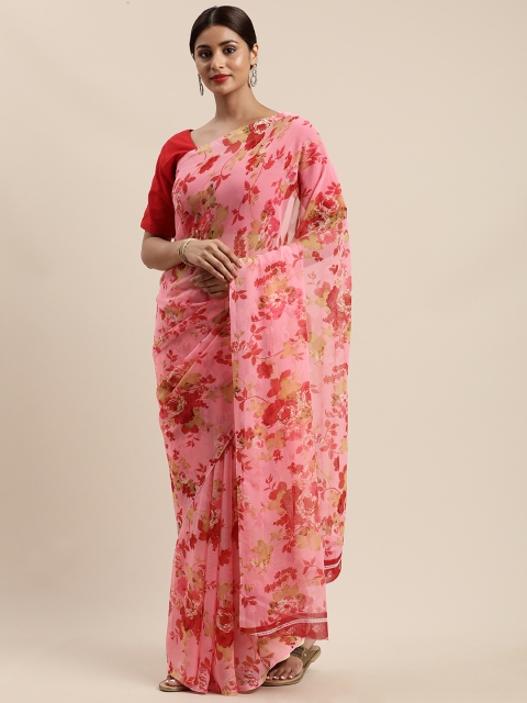 

Nanda Silk Mills Pink Pure Chiffon Floral Printed Mysore Silk Saree
