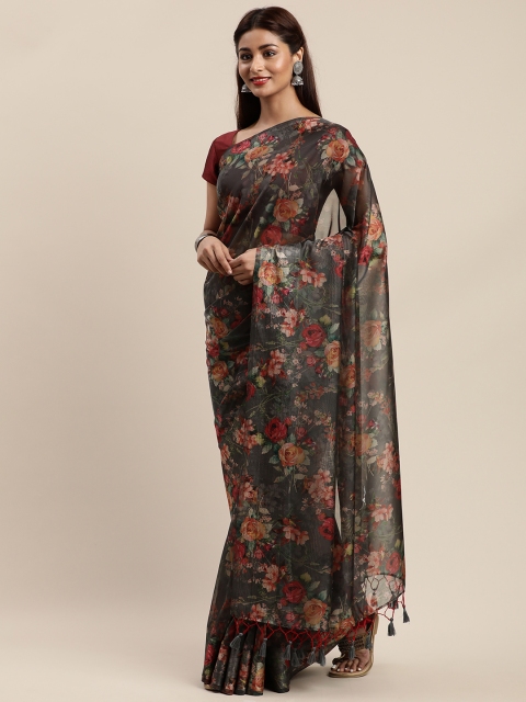 

Nanda Silk Mills Black & Red Organza Floral Printed Saree