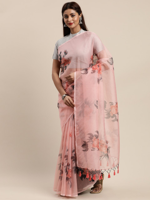 

Nanda Silk Mills Pink & Grey Floral Printed Organza Saree