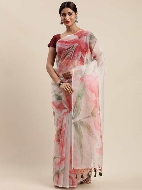 

Nanda Silk Mills Off-White & Red Organza Floral Printed Mysore Silk Saree