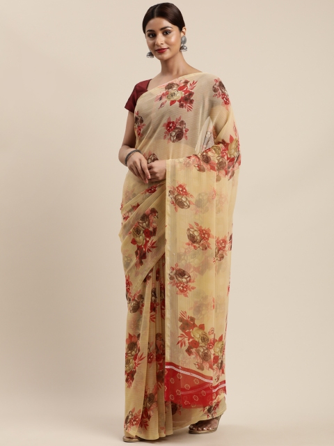 

Nanda Silk Mills Beige & Pink Pure Chiffon Printed Mysore Silk Saree