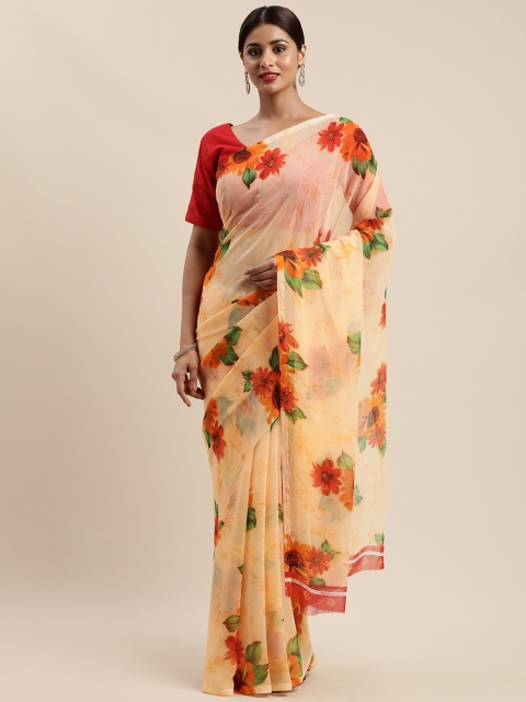

Nanda Silk Mills Yellow Pure Chiffon Floral Printed Mysore Silk Saree