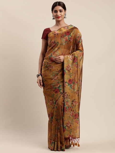 

Nanda Silk Mills Mustard Yellow & Red Organza Floral Printed Mysore Silk Saree