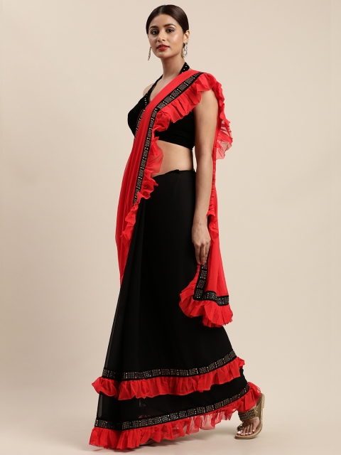 

Nanda Silk Mills Black & Red Pure Georgette Solid Ruffles Half & Half Saree
