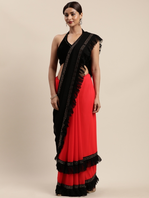 

Nanda Silk Mills Coral Red & Black Pure Georgette Solid Mysore Silk Saree