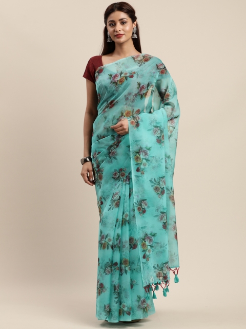 

Nanda Silk Mills Teal Organza Floral Printed Mysore Silk Saree
