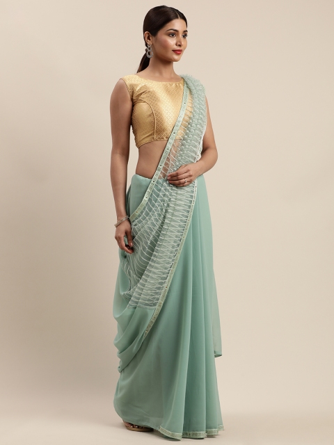 

Nanda Silk Mills Sea Green Pure Georgette Striped Mysore Silk Saree with Sheer Pallu