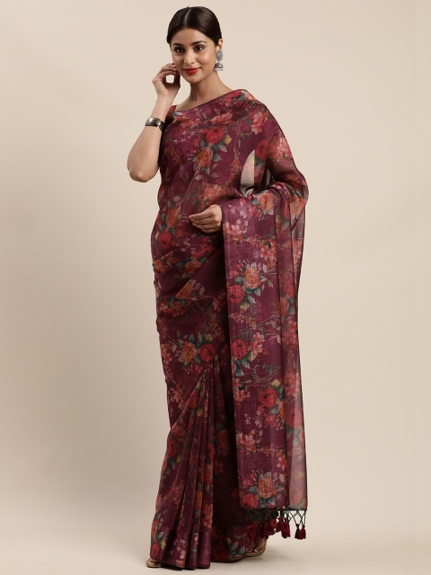 

Nanda Silk Mills Burgundy & Green Organza Floral Printed Mysore Silk Saree