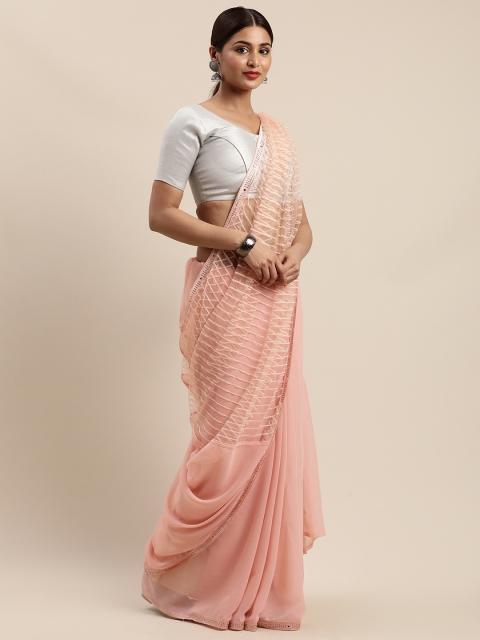 

Nanda Silk Mills Peach-Coloured Pure Georgette Striped Mysore Silk Saree with Sheer Pallu