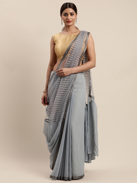 

Nanda Silk Mills Grey Pure Georgette Striped Mysore Silk Saree with Sheer Pallu