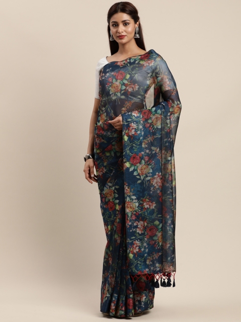 

Nanda Silk Mills Navy Blue Organza Floral Printed Mysore Silk Saree