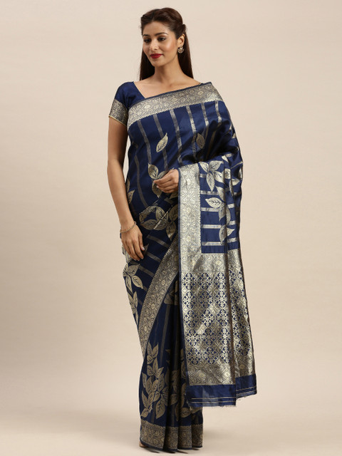

Mitera Navy Blue Silk Blend Woven Design Banarasi Saree