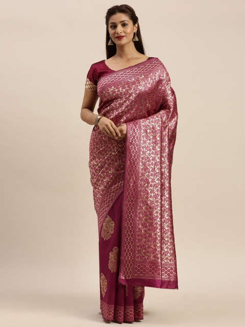 

Mitera Burgundy & Golden Silk Blend Woven Design Banarasi Saree