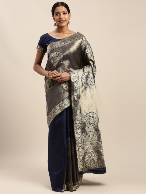 

Mitera Navy Blue & Gold-Toned Silk Blend Woven Design Banarasi Saree
