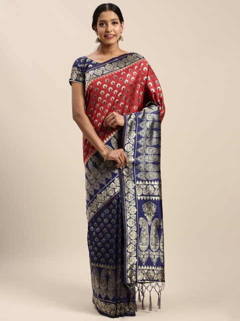 

Mitera Red & Navy Blue Silk Blend Woven Design Banarasi Saree