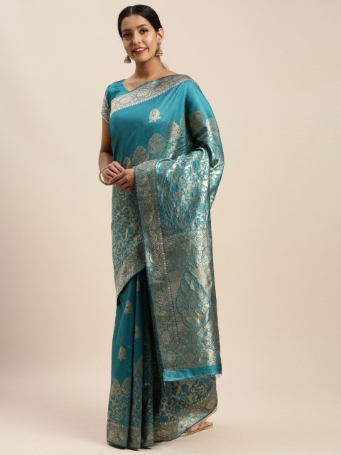 

Mitera Blue & Gold-Toned Silk Blend Woven Design Banarasi Saree