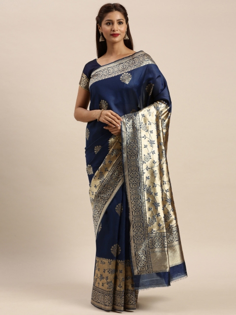 

Mitera Navy Blue & Golden Silk Blend Woven Design Banarasi Saree