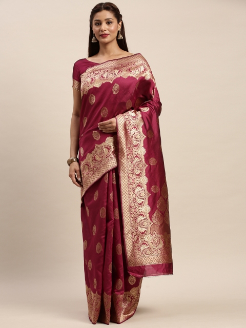 

Mitera Burgundy & Gold-Toned Silk Blend Woven Design Banarasi Saree