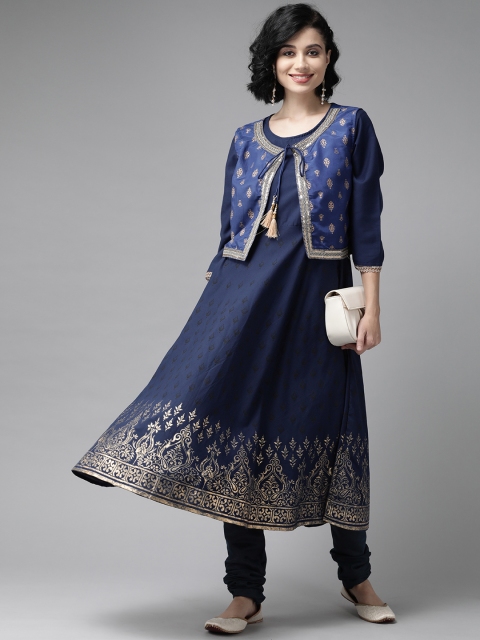 

Juniper Women Navy Blue & Gold Printed Anarkali Kurta