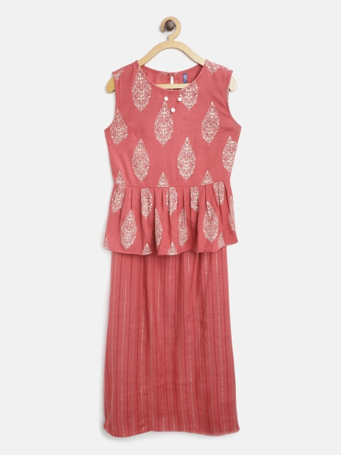 

YK Pink & Golden Ready to Wear Striped Lehenga with Printed Blouse