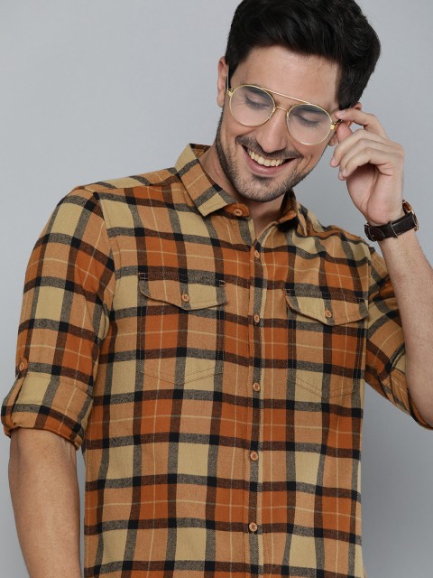 

HERE&NOW Men Rust Orange & Beige Slim Fit Checked Casual Shirt