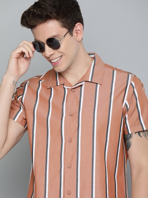 

HERE&NOW Men Orange & Black Slim Fit Striped Casual Shirt