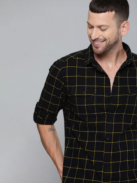 

HERE&NOW Men Black & Yellow Slim Fit Checked Casual Shirt