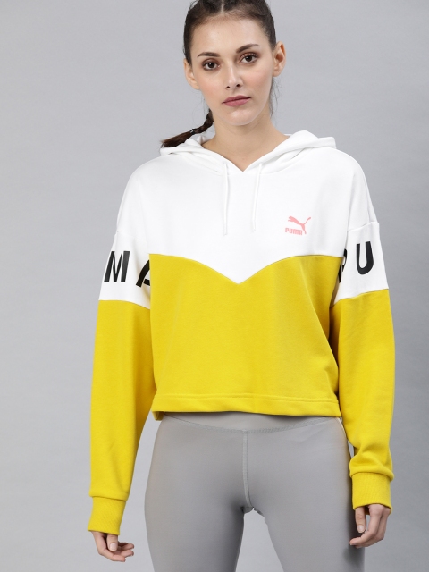 

Puma Women White & Mustard Yellow Colourblocked Boxy XTG Hooded Sweatshirt