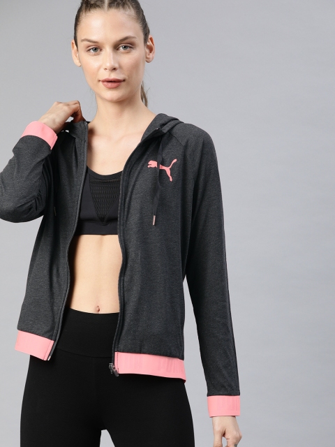 

Puma Women Charcoal Grey Solid ACTIVE ESS Banded FZ Hoody Sporty Jacket