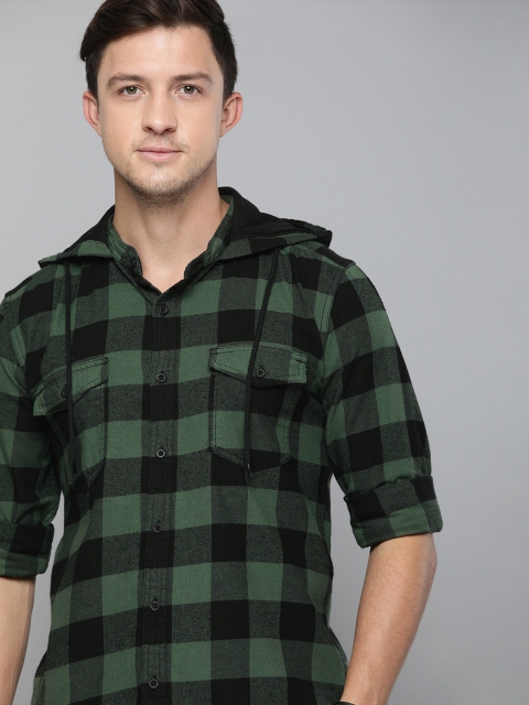 

HERE&NOW Men Black & Green Slim Fit Checked Hooded Casual Shirt