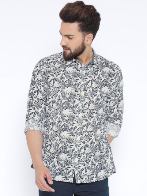 

United Colors of Benetton White & Navy Printed Linen Casual Shirt
