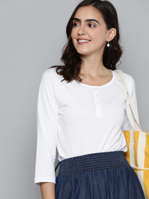 

HERE&NOW Women White Solid Henley Neck T-shirt
