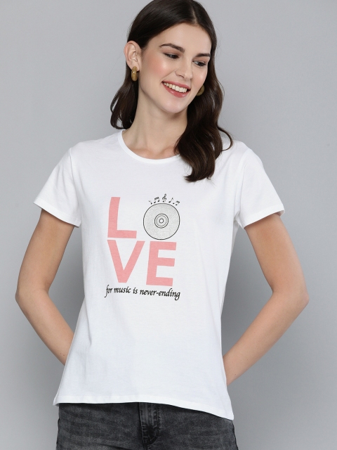 

HERENOW Women White Printed Round Neck Pure Cotton T-shirt