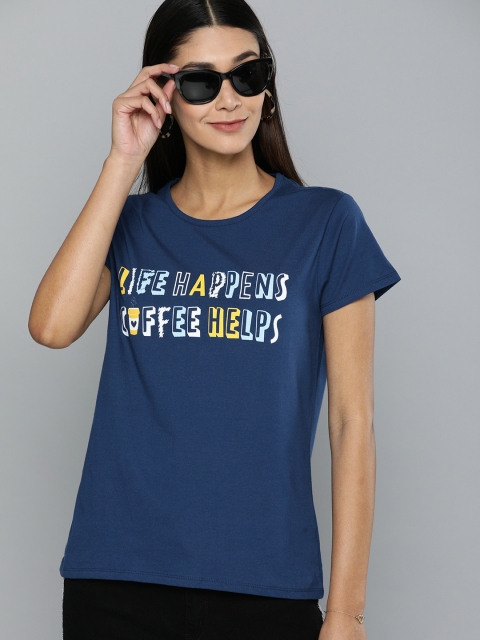 

HERENOW Women Blue Printed Round Neck Pure Cotton T-shirt