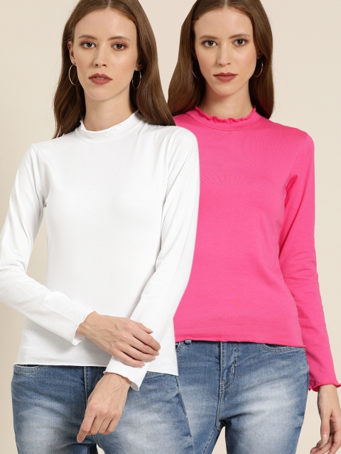 

Moda Rapido Pack of 2 Women Pink Solid High Neck T-shirt