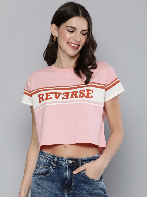 

HERENOW Women Pink Printed Round Neck Boxy Crop Pure Cotton T-shirt