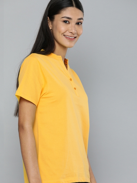 

HERENOW Women Yellow Solid Mandarin Collar Pure Cotton T-shirt