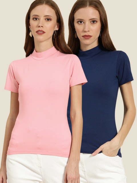 

Moda Rapido Pack of 2 Women Pink Solid High Neck T-shirt