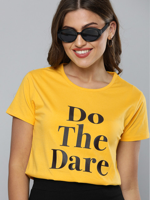 

HERE&NOW Women Yellow Printed Round Neck T-shirt