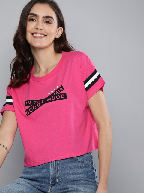 

HERE&NOW Women Pink & Black Printed Round Neck T-shirt