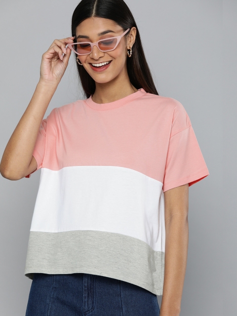 

HERENOW Women Pink White Colourblocked Round Neck Boxy Pure Cotton T-shirt