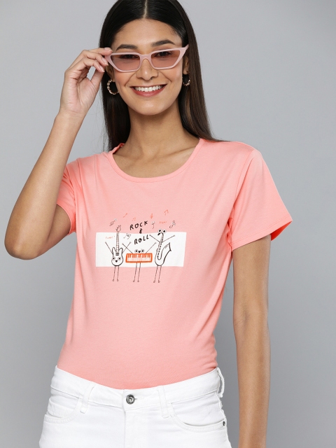 

HERENOW Women Pink Printed Round Neck Pure Cotton T-shirt